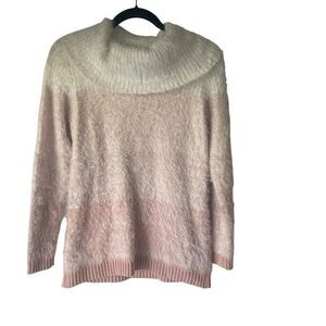 Calvin Klein Size Medium White Pink‎ Feminine Fuzzy Mock Neck Cozy Sweater